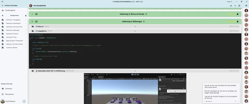Assignments: Browse each student's submissions in one place — images, code, and text consolidated for easy assessment.